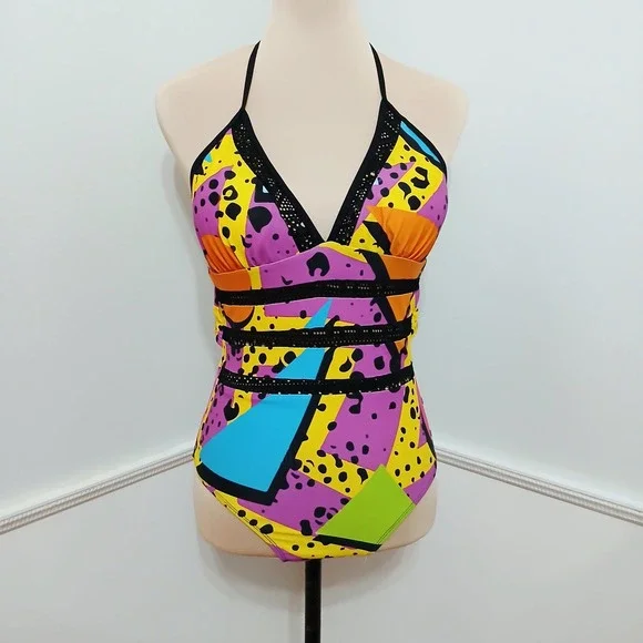 Retro 90s Neon Geometric Animal Print One Piece Halter Swimsuit Mesh Trim NWOT - Picture 2 of 6